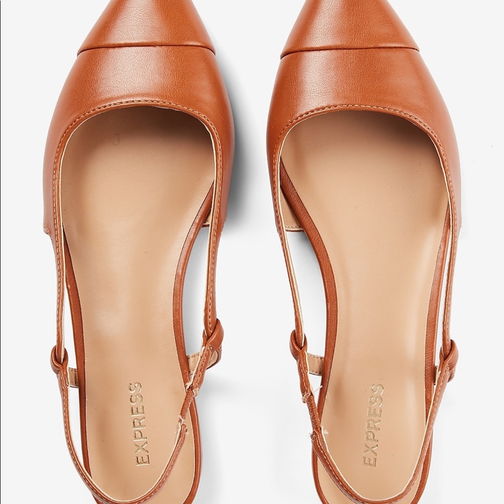 Classy sling-back flats. Cognac brown, pointed toe. Size 8. NWOT